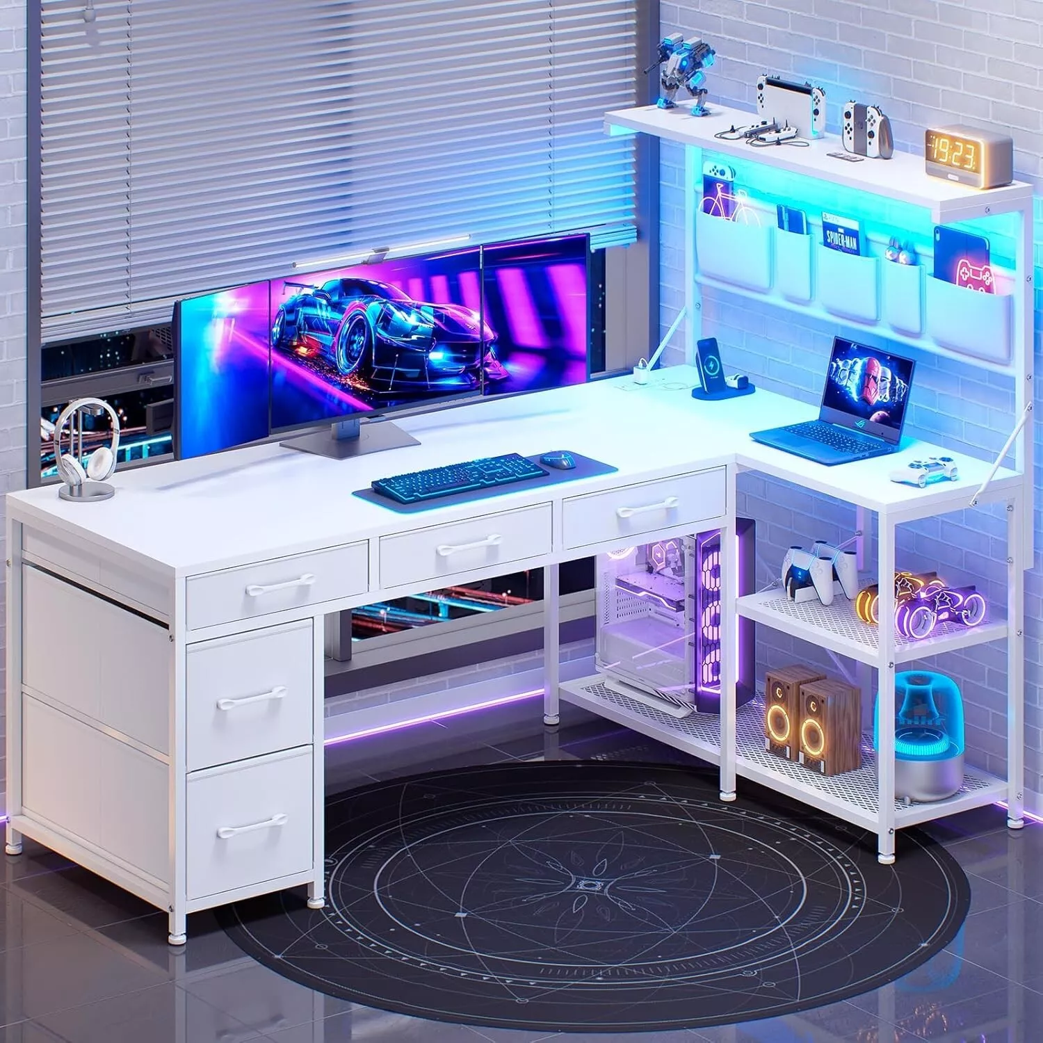 L Shaped Computer Desk with 5 Drawers & Storage Sh